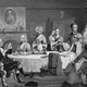 A black and white illustration of an 18th century family clustered around a dining table with someone peeking in at the window and various people looking surprised.